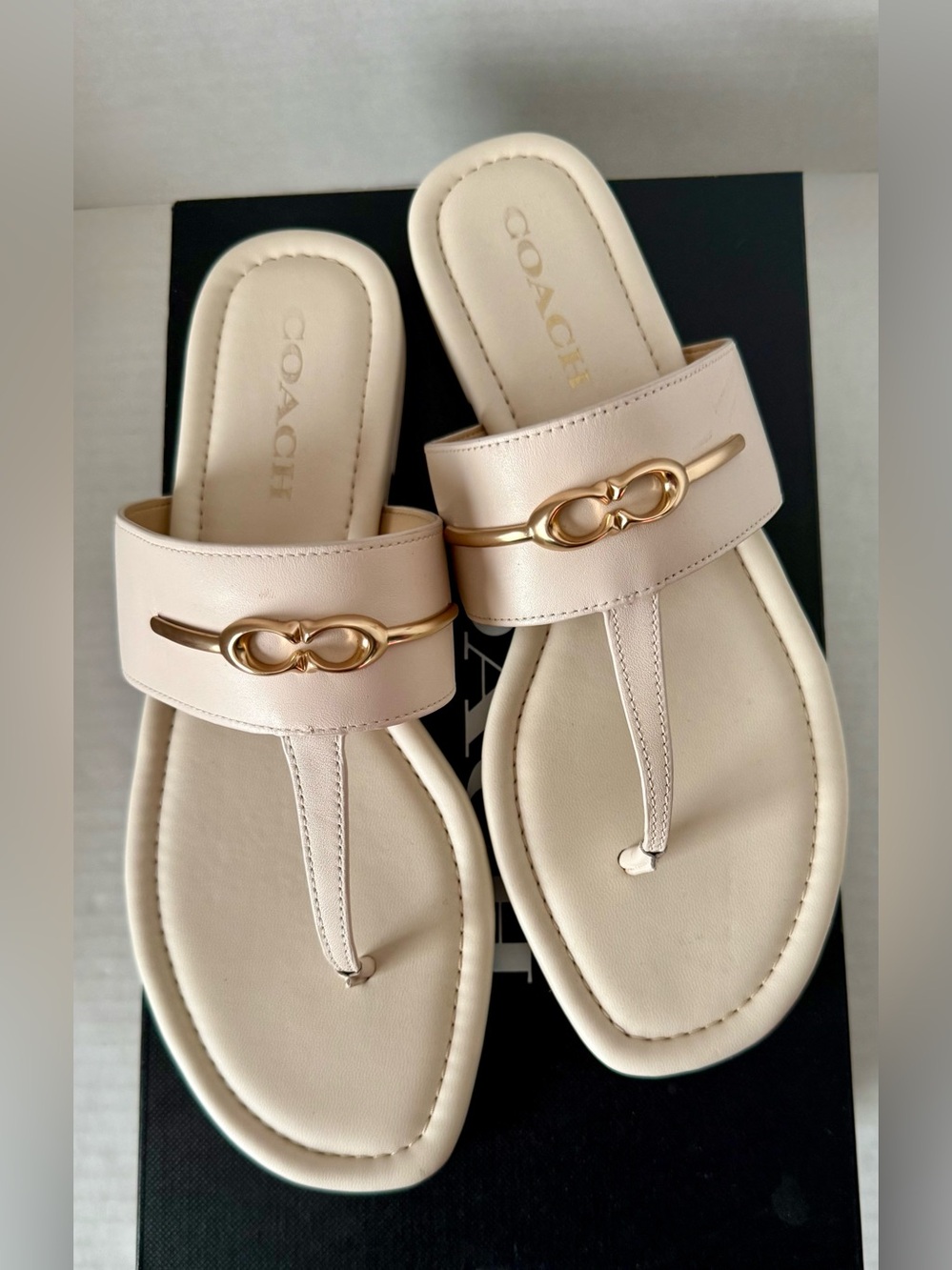 Coach Women's Blush Pink Leather Thong Sandals with Gold Hardware